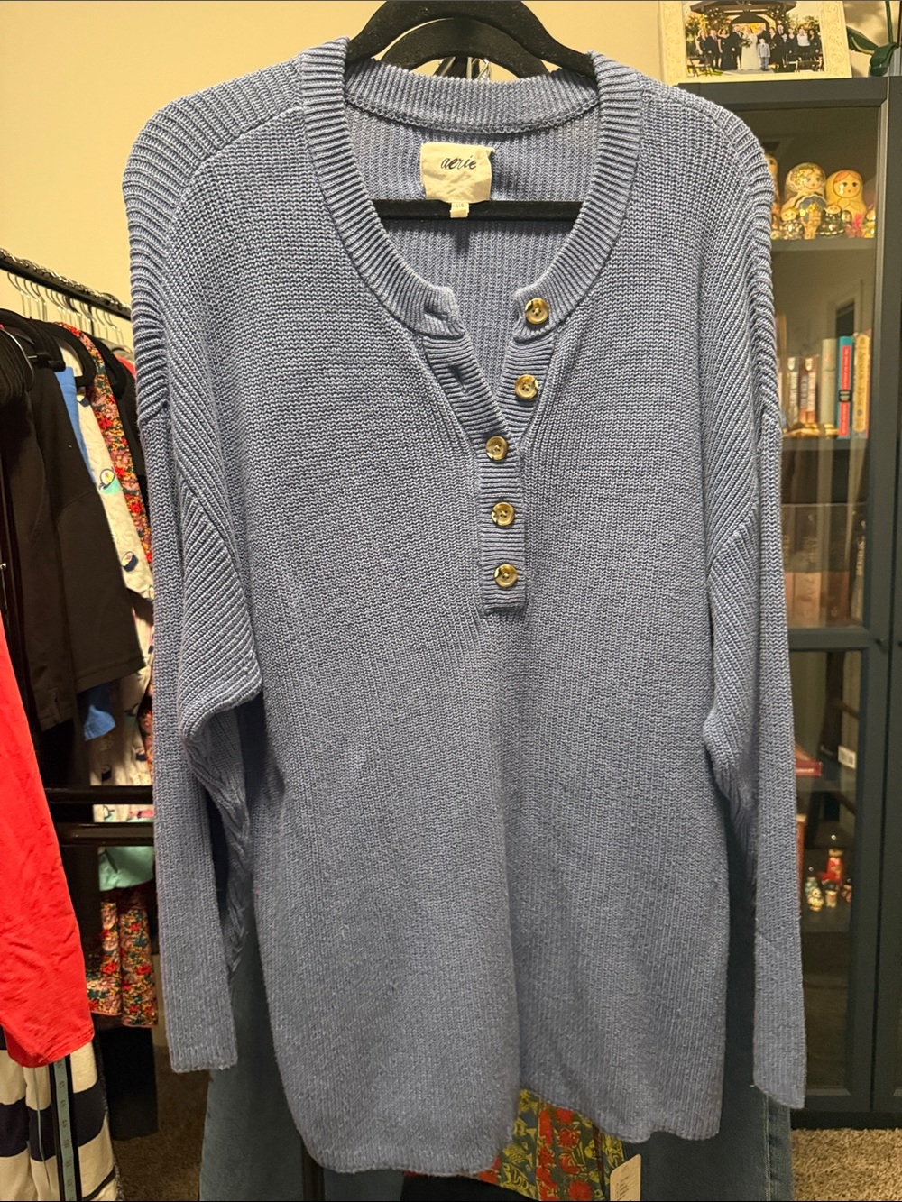 aerie Dusty Blue Ribbed Henley Sweater Size Large